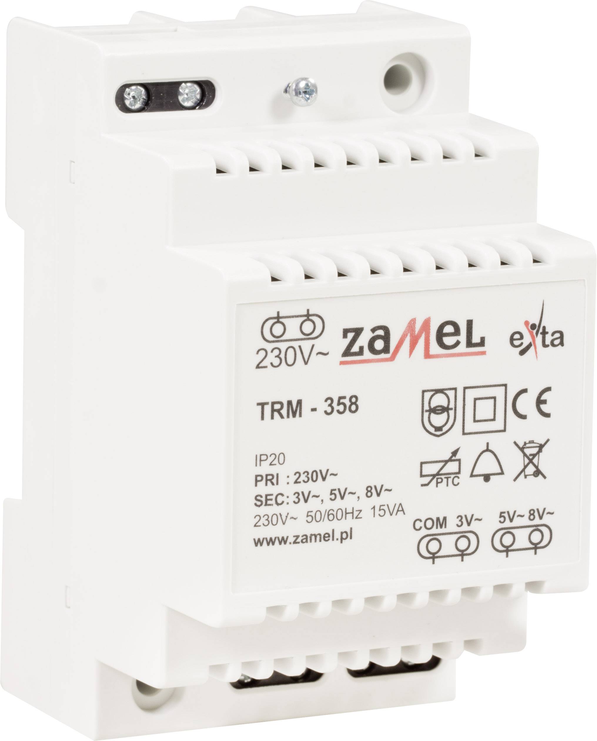 Un transformateur blanc pour montage sur rail DIN, modèle 'TRM-358' de Zamel, avec une connexion primaire de 230V et des sorties secondaires de 3V, 5V, 8V.
