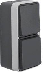 Interrupteur double de forme rectangulaire avec deux bascules noires, adapté pour une installation murale, design robuste pour une utilisation en intérieur.