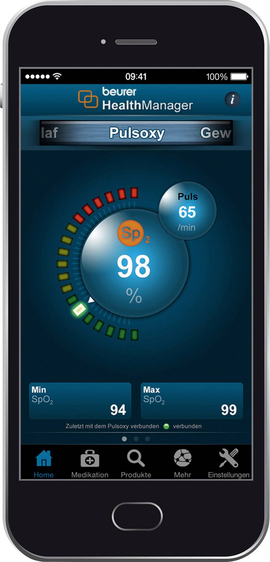 Un smartphone affiche la fréquence cardiaque et la saturation en oxygène (SpO2) de 98%. Pouls 65/min. Nom de l'application en haut : 'beurer HealthManager'.