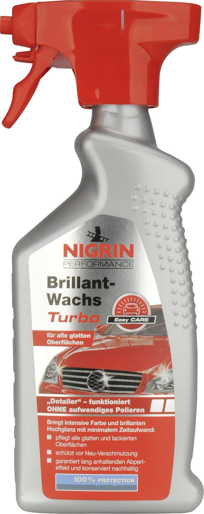 Flacon vaporisateur de cire pour automobile de la marque 'Nigrin'. L'inscription promet une protection brillante pour toutes les surfaces lisses, notamment les voitures.