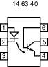 Symbole schématique d'un optocoupleur à six broches. Illustre la structure interne comprenant une LED et un transistor, avec la numérotation des broches.