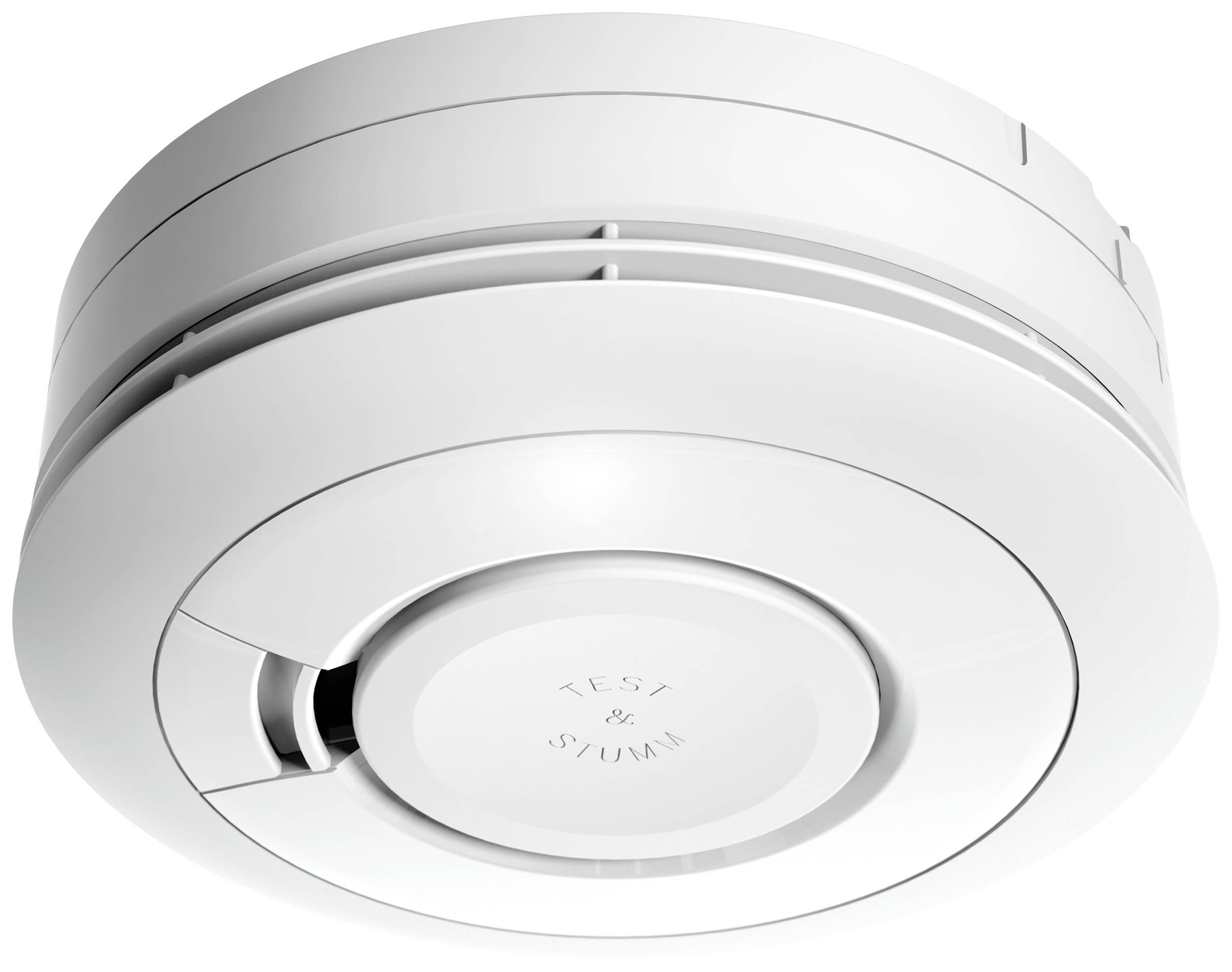 Un détecteur de fumée rond avec un bouton de test au centre, monté au plafond, assure la surveillance de sécurité à l'intérieur des locaux.