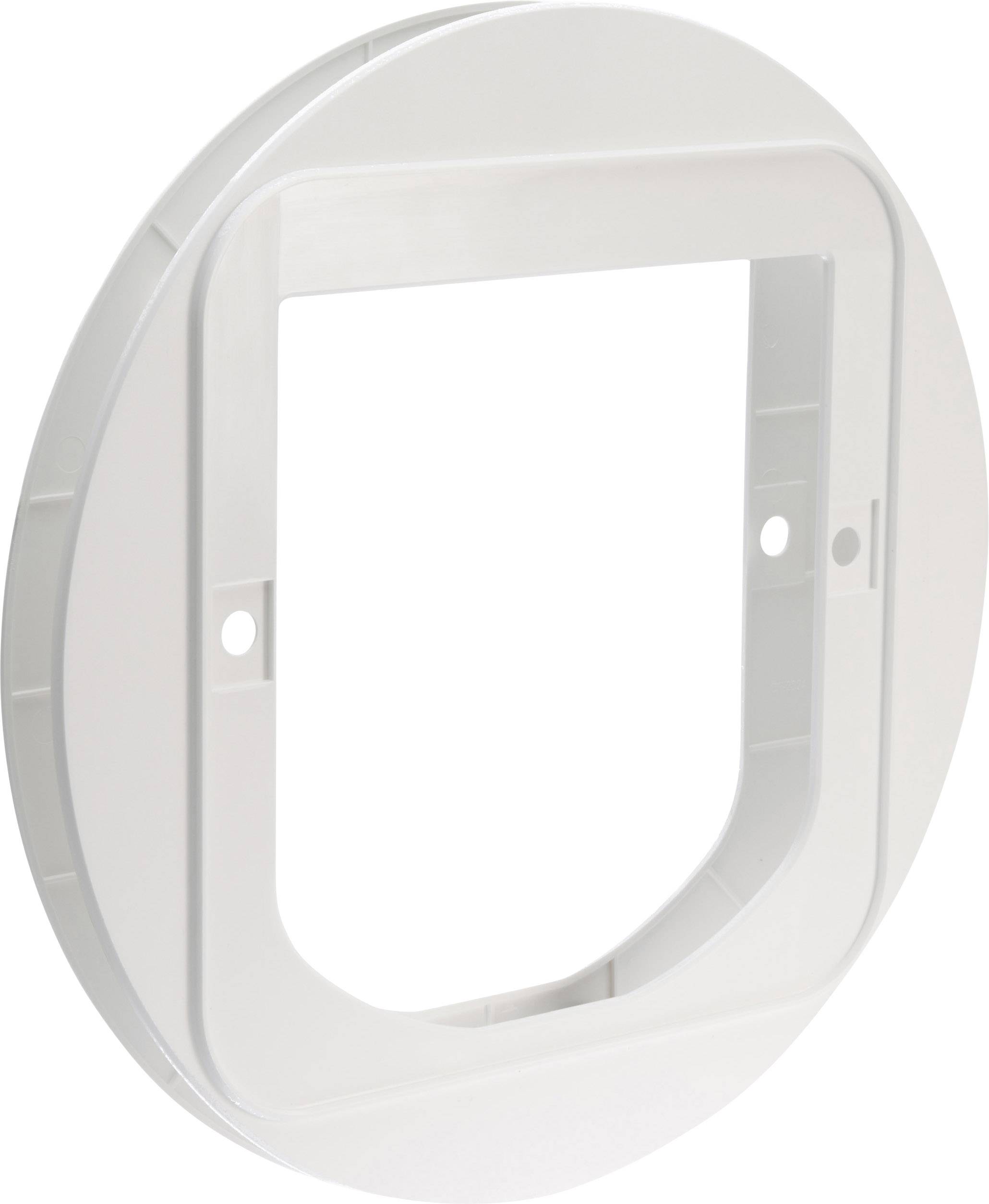 Une pièce en plastique blanche et ronde, comportant une ouverture rectangulaire et deux trous de vis situés sur des côtés opposés.