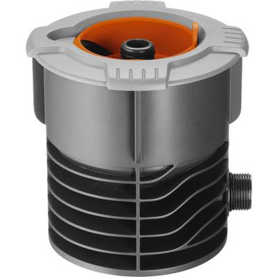 Connecteur d'eau cylindrique gris avec socle noir et anneau intérieur orange. Adapté aux systèmes d'irrigation de jardin.