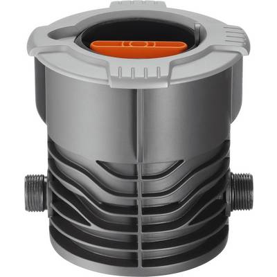 Raccord cylindrique gris en plastique avec deux filetages latéraux et un insert orange en haut, probablement destiné aux systèmes d'irrigation.