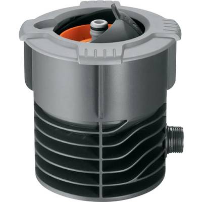 Vanne de conduite d'eau cylindrique grise avec base en grille noire et bouton intérieur orange, raccordement latéral.