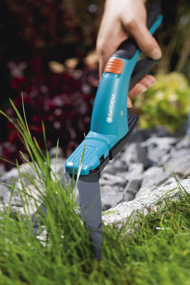 Une main coupe de l'herbe avec des cisailles bleues et noires le long d'un chemin pierreux dans le jardin.