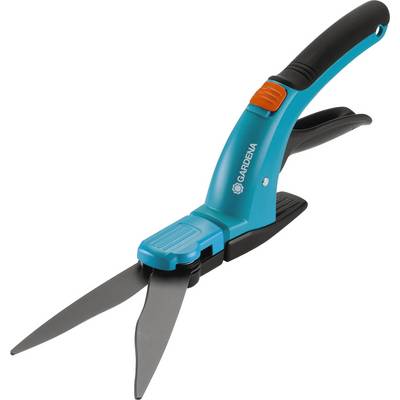 Sécateur à poignée ergonomique et lames incurvées, bleu et noir, avec bouton de verrouillage orange.
