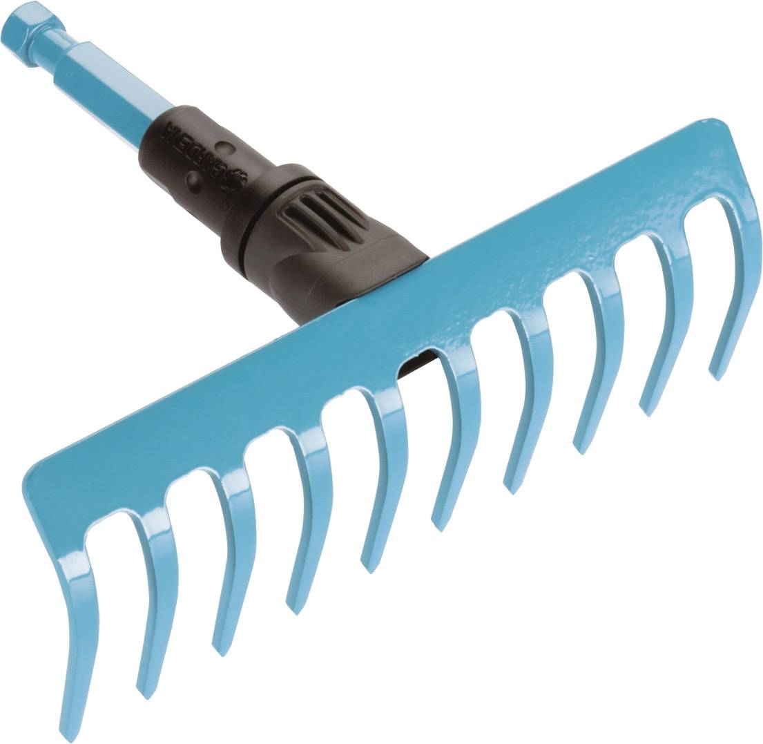Une râteau de jardin bleu à dix dents, adapté pour ratisser des feuilles ou de la terre.