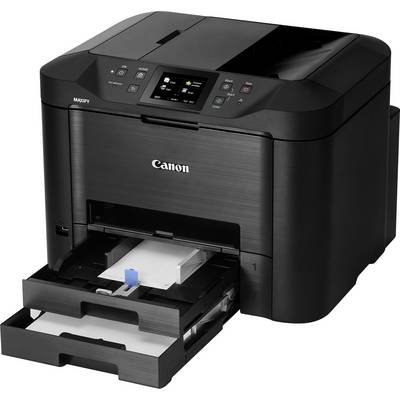 Un imprimante multifonction noir avec bac à papier, écran et plusieurs boutons de commande. Adapté pour un usage bureautique et domestique.