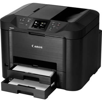 Un imprimante multifonction noir avec écran et touches de commande. Deux bacs à papier sont légèrement ouverts.