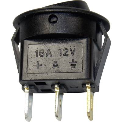 Un interrupteur à bascule noir portant l'inscription '16A 12V'. Quatre contacts métalliques dépassent en dessous.