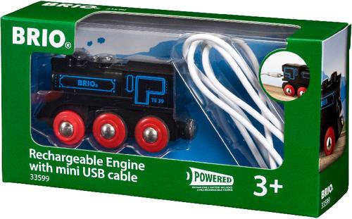 Emballage d'un train électrique rechargeable via câble USB, adapté aux enfants à partir de 3 ans. Marque : BRIO.