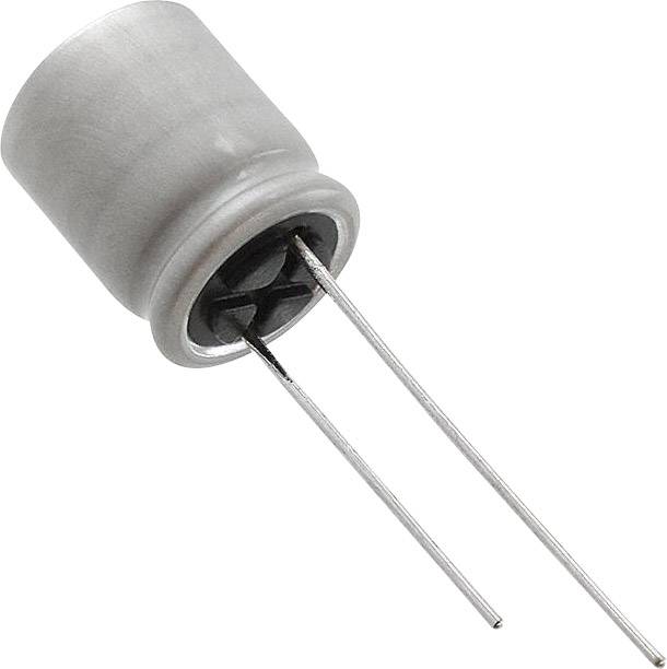 Un condensateur électrique avec deux pattes métalliques pour la conduction du courant, dans une forme cylindrique argentée.