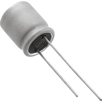 Un condensateur électrolytique cylindrique avec deux connexions par fils saillants, destiné au montage dans des circuits électroniques.
