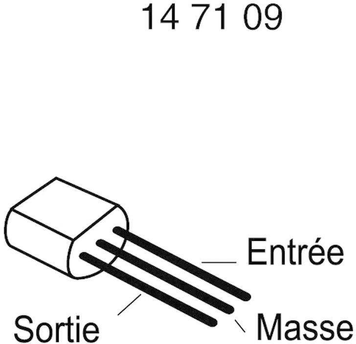 Composant électrique à trois bornes : entrée, sortie et masse. Numéro en haut : 14 71 09.