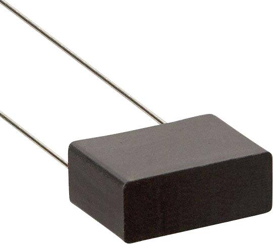 Un condensateur électronique rectangulaire noir avec deux bornes métalliques saillantes.