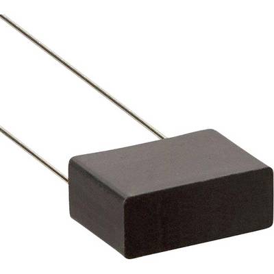 Un condensateur électronique rectangulaire noir avec deux bornes métalliques saillantes.
