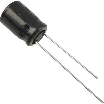Un condensateur électrolytique noir, cylindrique, avec deux fils de connexion longs et filiformes, reposant sur une surface blanche.