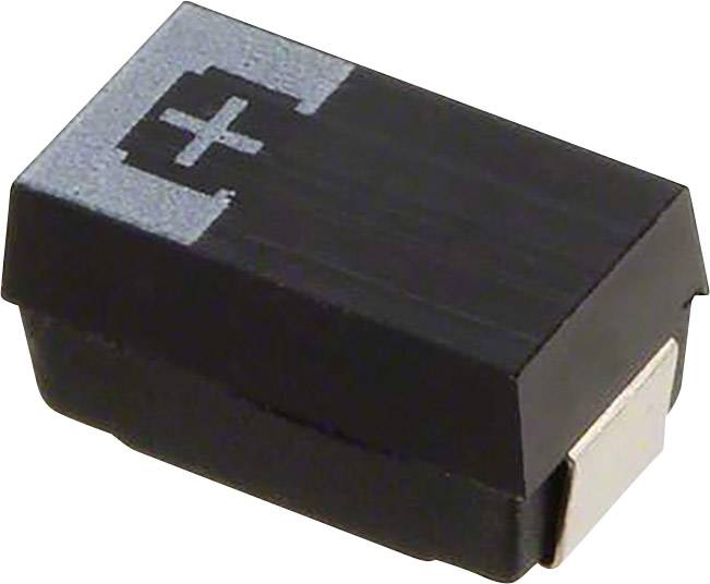 Composant électronique noir, rectangulaire, avec un symbole plus sur le dessus. Probablement un condensateur CMS.
