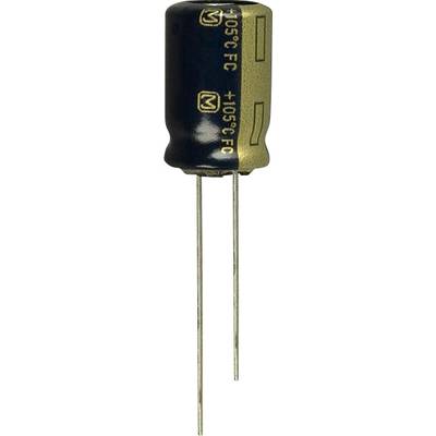 Un condensateur électrolytique radial avec deux fils de connexion longs, un boîtier noir et un marquage doré, indique +105°C.