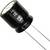 Un condensateur électrolytique noir avec deux fils de connexion. Des symboles et des chiffres imprimés indiquent les spécifications électriques.