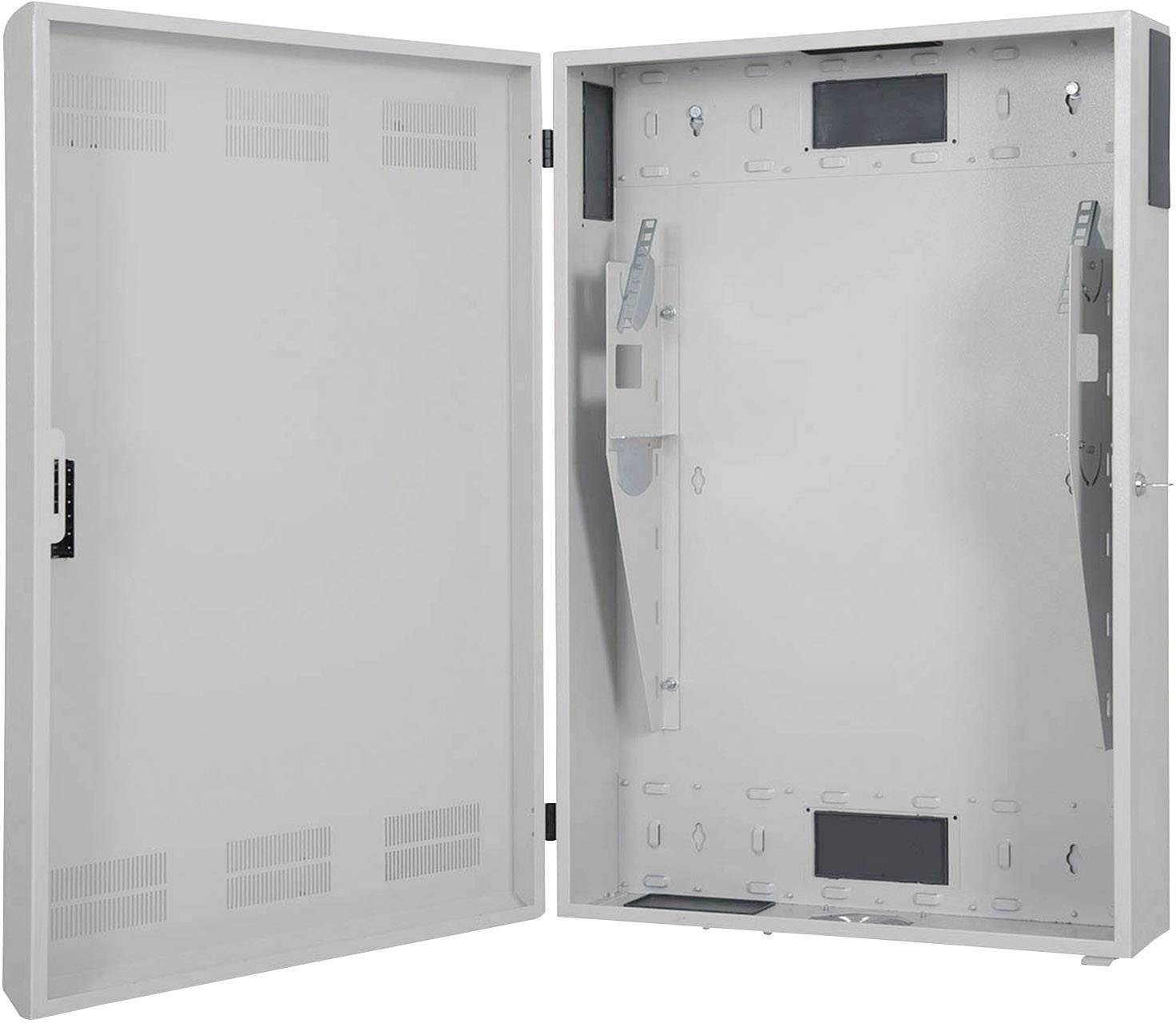 Une armoire métallique ouverte et vide, fixée au mur, adaptée pour accueillir des appareils électroniques ou des câblages.