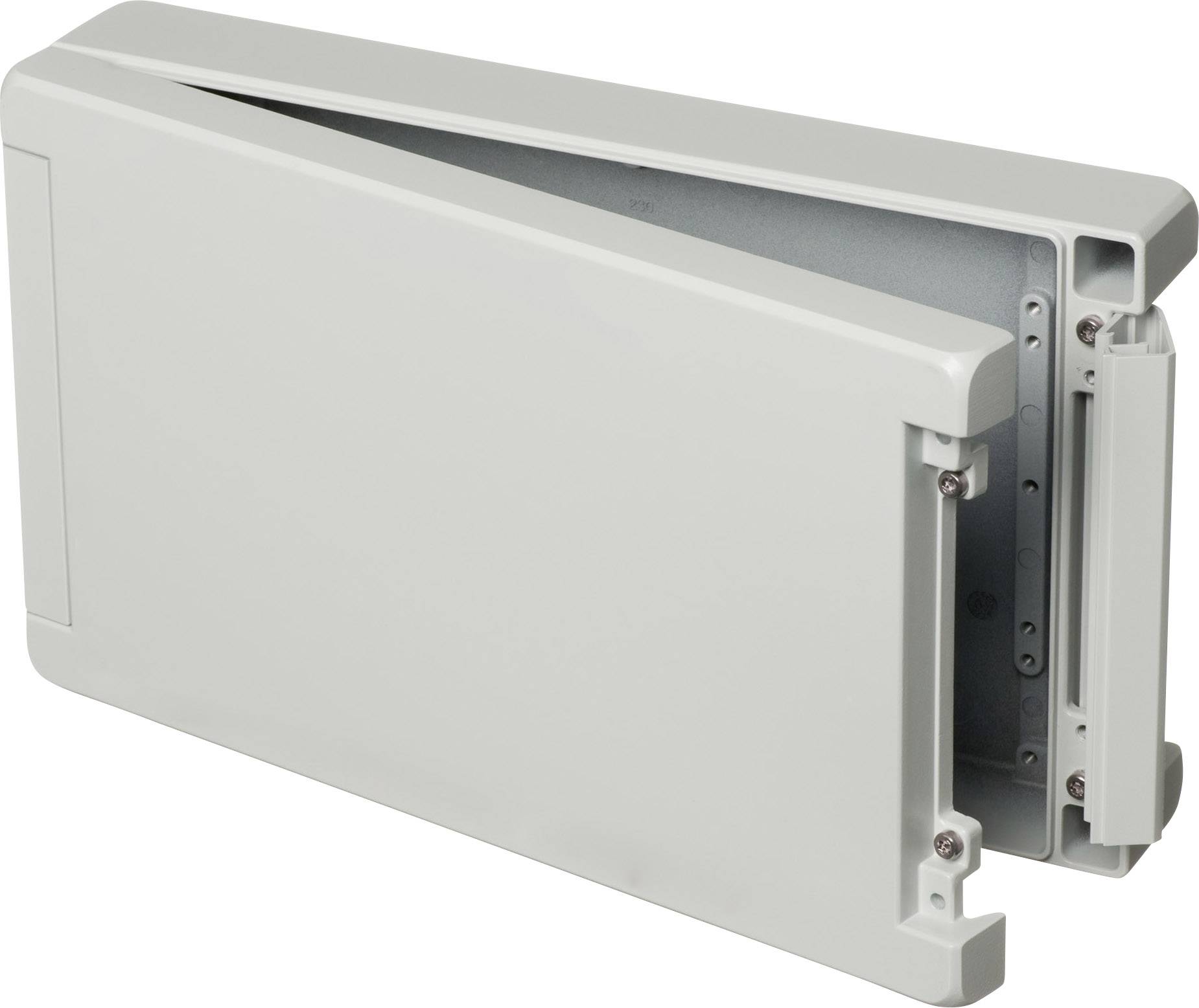 Boîtier en plastique gris avec couvercle amovible, adapté aux composants électroniques.