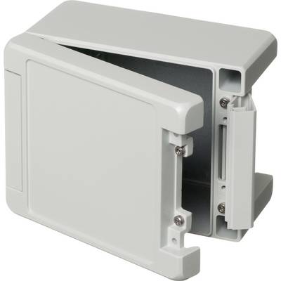 Boîtier rectangulaire gris en plastique avec couvercle rabattable, adapté pour contenir des composants électroniques ou des circuits.
