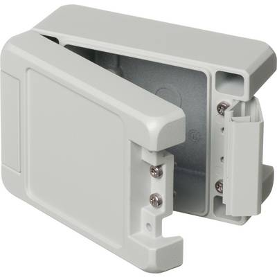 Boîtier en plastique gris avec un couvercle amovible, ouvert, montrant l'intérieur. Quatre vis visibles au niveau des charnières.