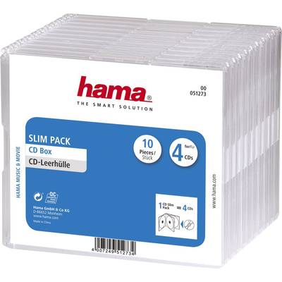 Boîtier CD vide de 'Hama', format Slim pour 4 CD. Lot de dix boîtiers par paquet. Design transparent avec informations du produit sur l'étiquette.