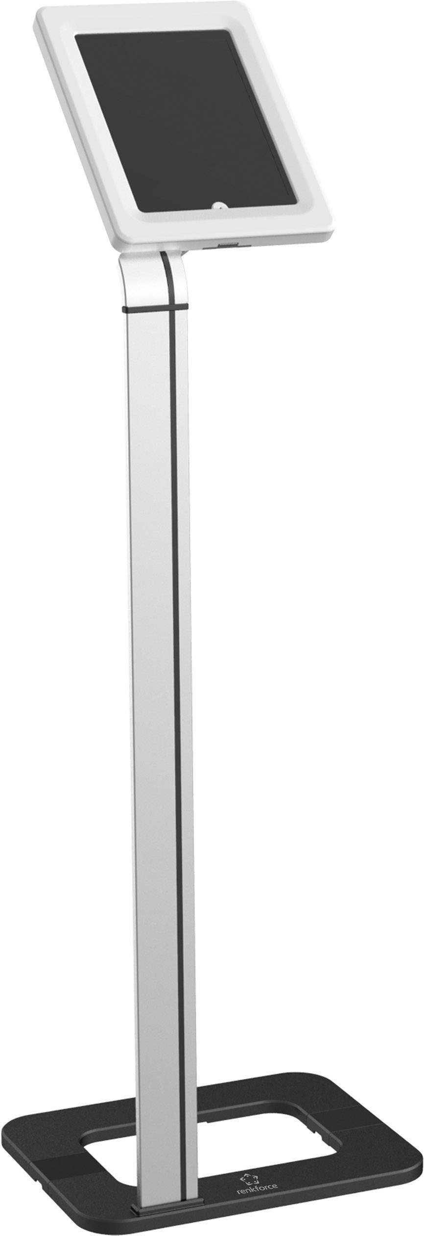 Un support blanc autonome avec un écran ajustable, adapté aux tablettes, monté sur un socle noir.