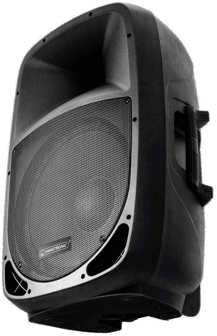 Un haut-parleur noir avec une grande grille de transmission sonore et une poignée de transport sur le côté. Idéal pour les événements musicaux.