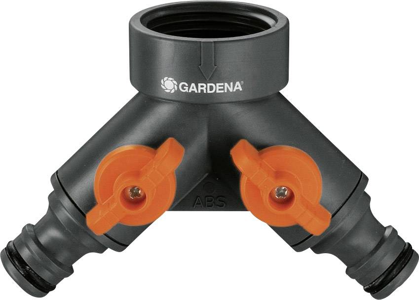 Adaptateur en Y gris avec deux vannes d'arrêt oranges, adapté aux tuyaux d'arrosage de jardin.