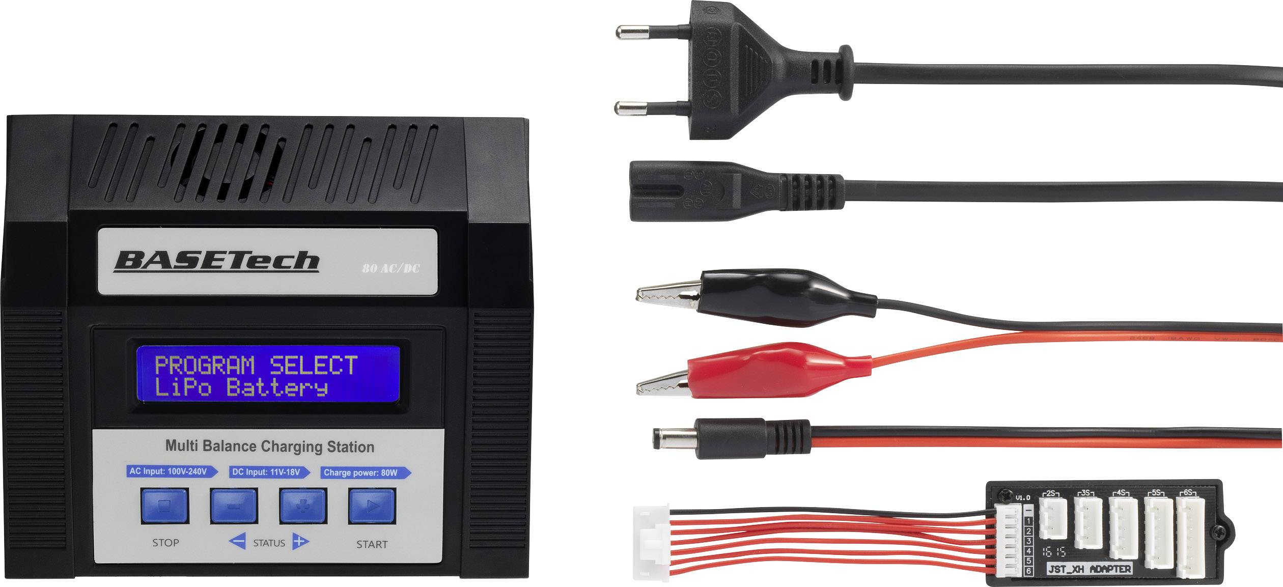 Chargeur avec écran LCD affichant 'PROGRAM SELECT LiPo Battery'. À côté, divers câbles de connexion pour différents types de batteries.