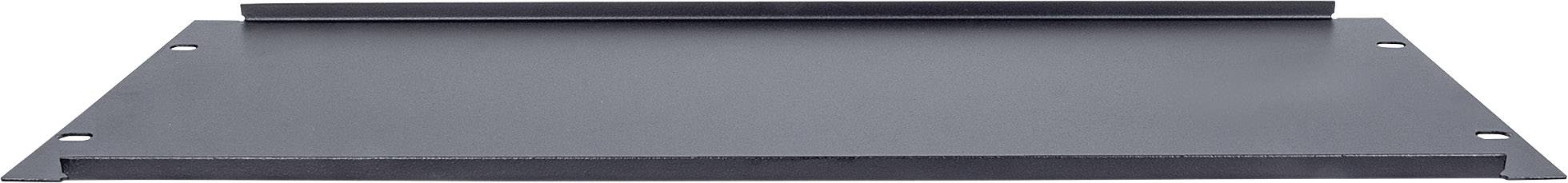 Une étagère en métal noir avec une surface plate et un bord arrière surélevé, adaptée pour une installation dans un placard ou un rack.