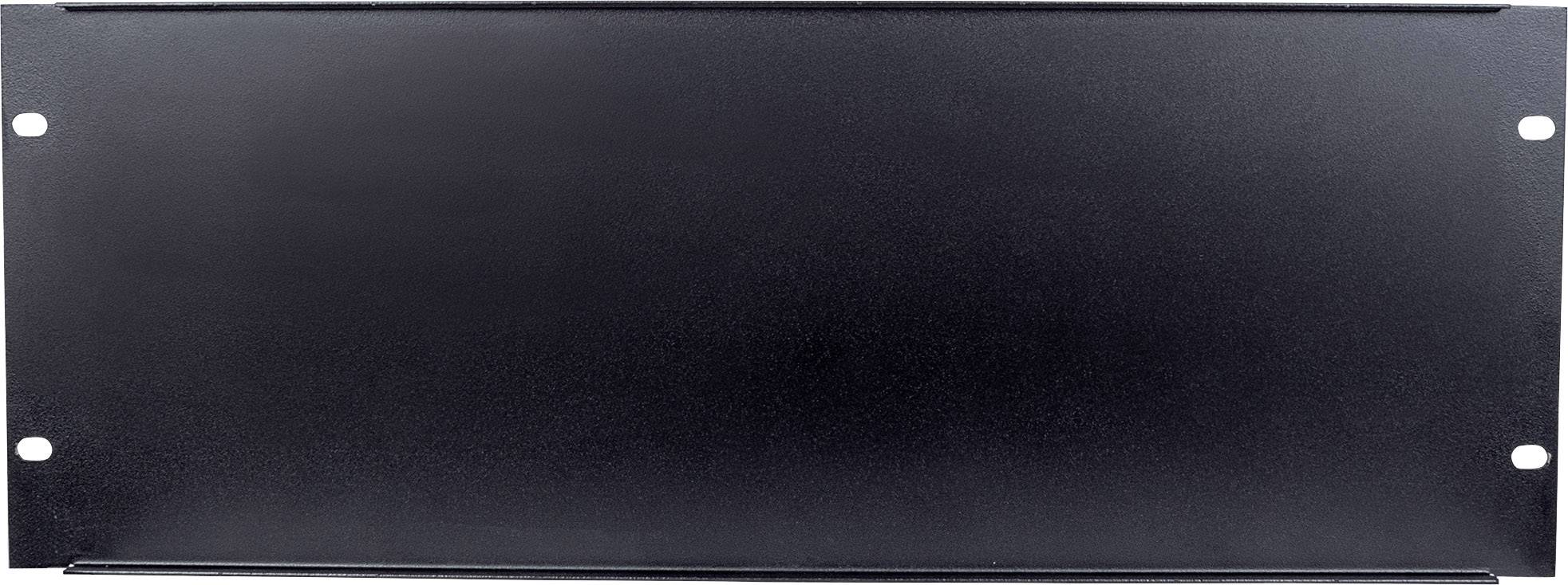 Plaque métallique noire rectangulaire avec quatre trous de fixation, répartis uniformément sur les bords.
