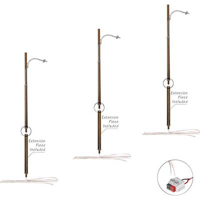 Trois lampadaires au design en bois, chacun portant une mention « Pièce d'extension incluse ». Un boîtier de commande est représenté en bas à droite.