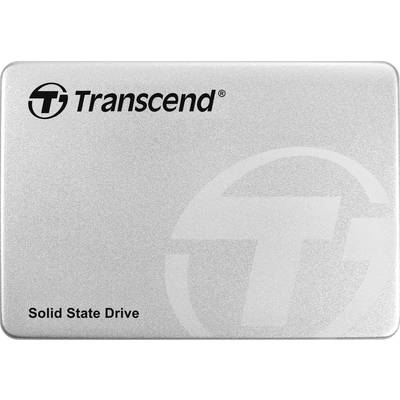 Disque dur externe de la marque Transcend, de couleur argentée, avec l'inscription « Solid State Drive » dans le coin inférieur gauche.