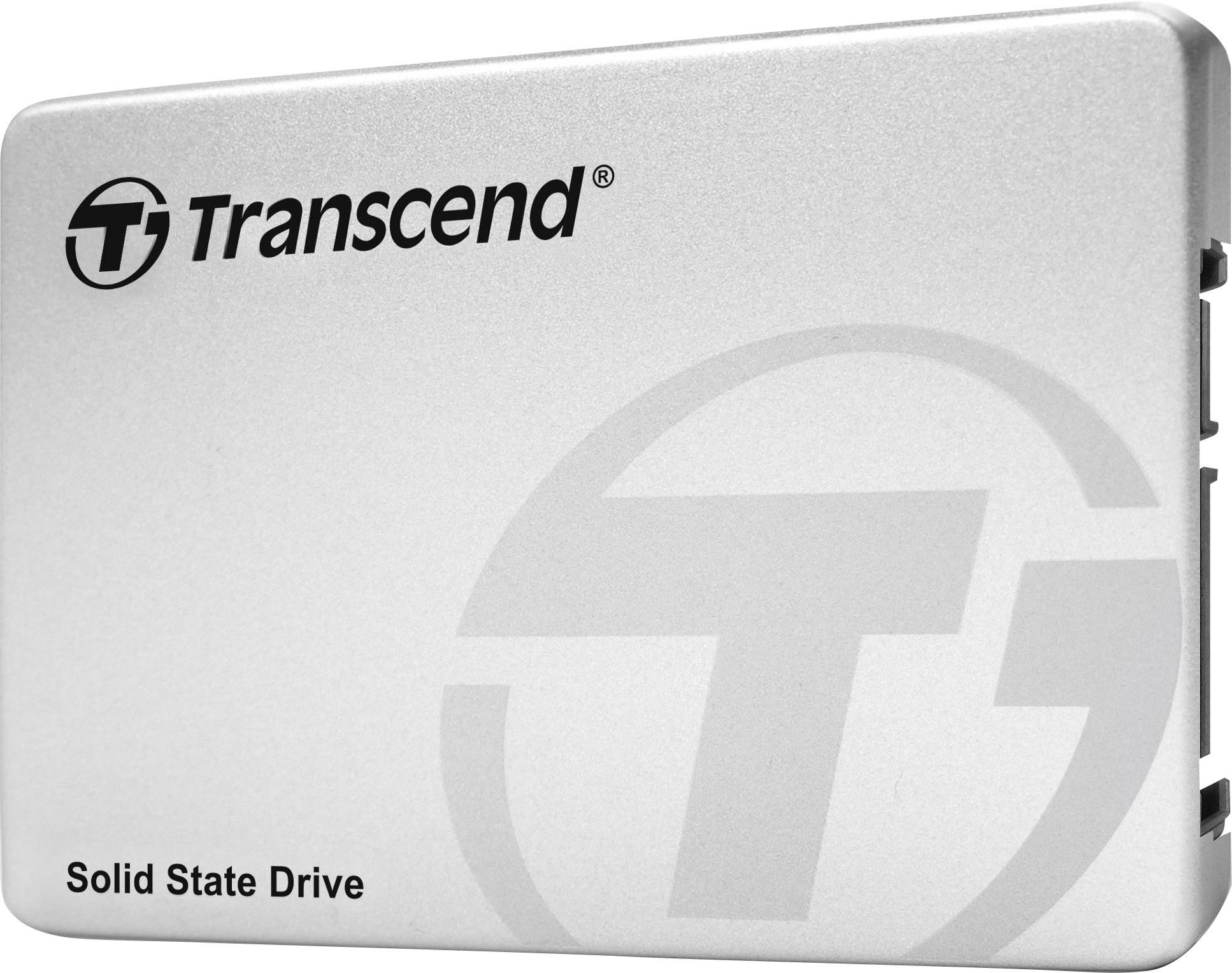Disque SSD externe de Transcend en argent avec l'inscription 'Solid State Drive' et le logo Transcend dans le coin supérieur gauche.