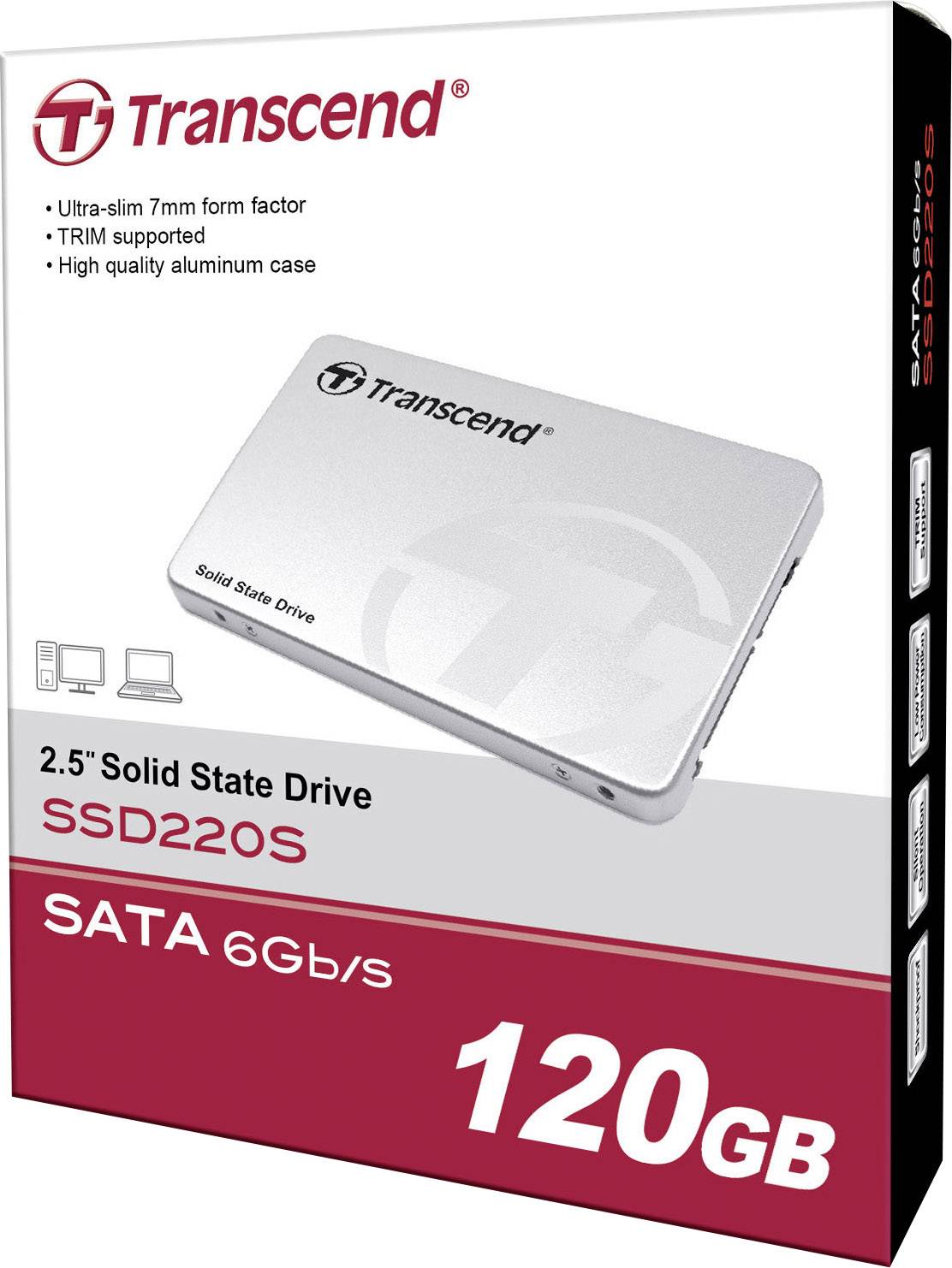 'Transcend SSD220S 2,5" Disque SSD, 120 Go, SATA 6 Gb/s, design ultra-fin de 7 mm, compatible TRIM, boîtier en aluminium.'