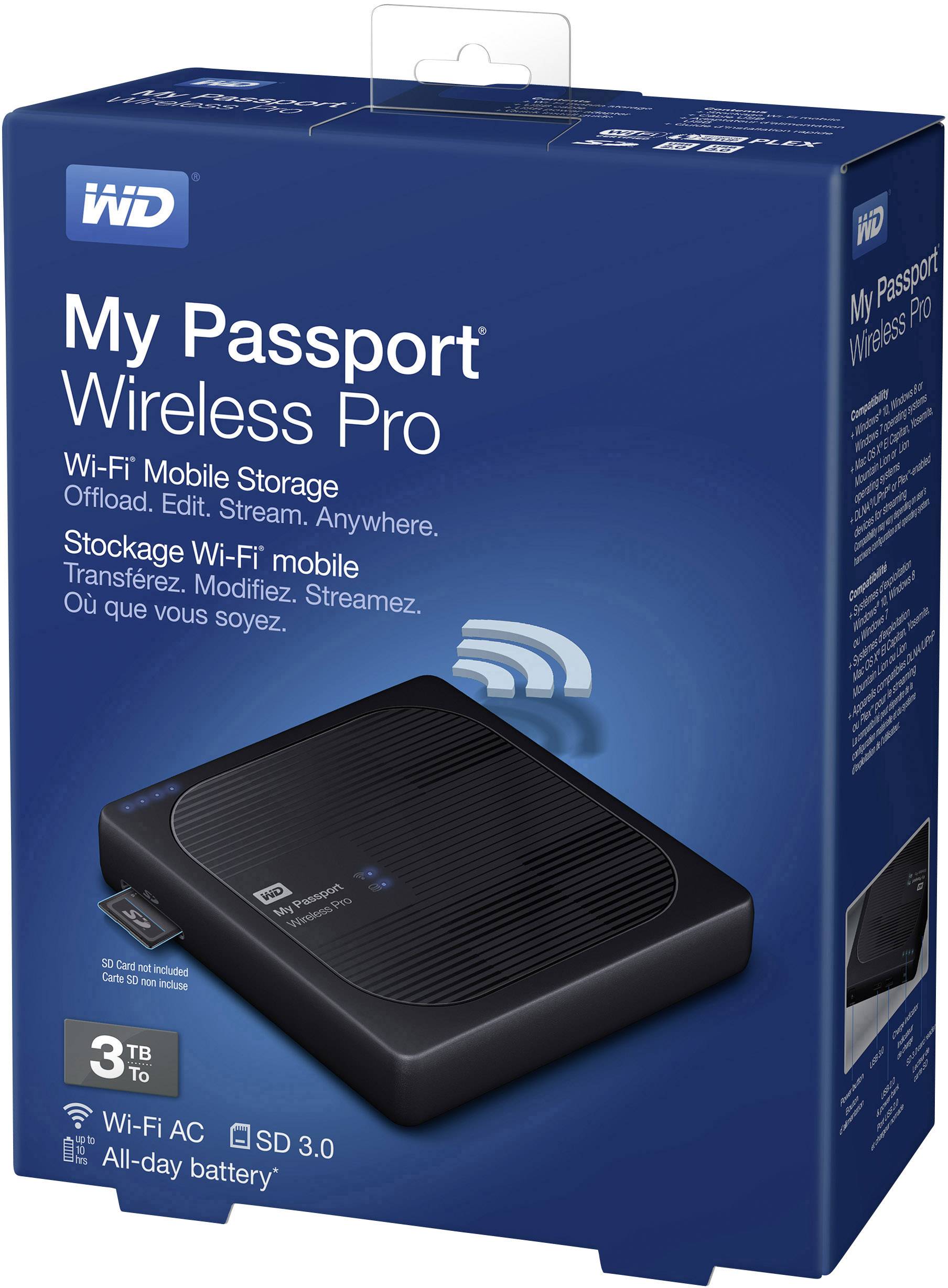 WD My Passport Wireless Pro 3 TB Disque dur WiFi USB 2.0, USB 3.0, lecteur de carte, WiFi 802.11