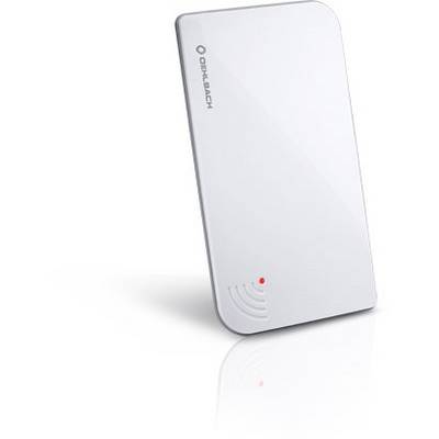 Un appareil blanc rectangulaire avec un voyant rouge et un symbole ondulé en bas à droite, probablement un produit technologique.