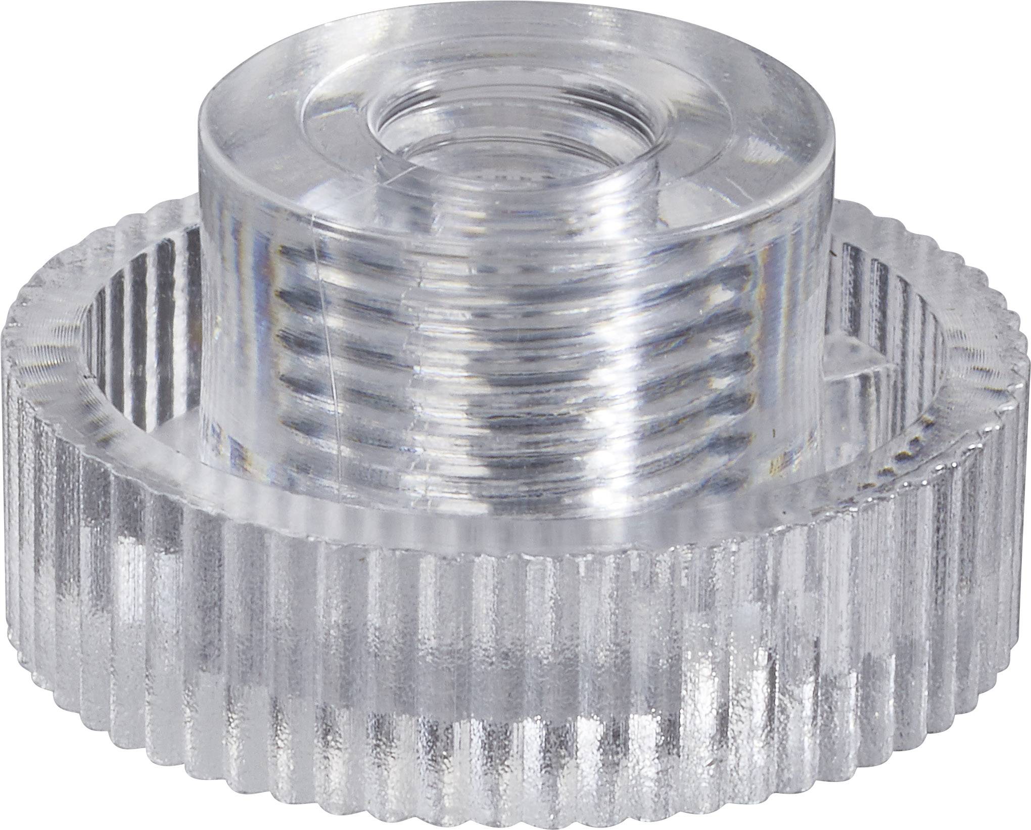 Bouton de réglage en plastique transparent et cannelé, de forme cylindrique. Utilisé pour le contrôle ou le réglage sur des appareils ou des machines.