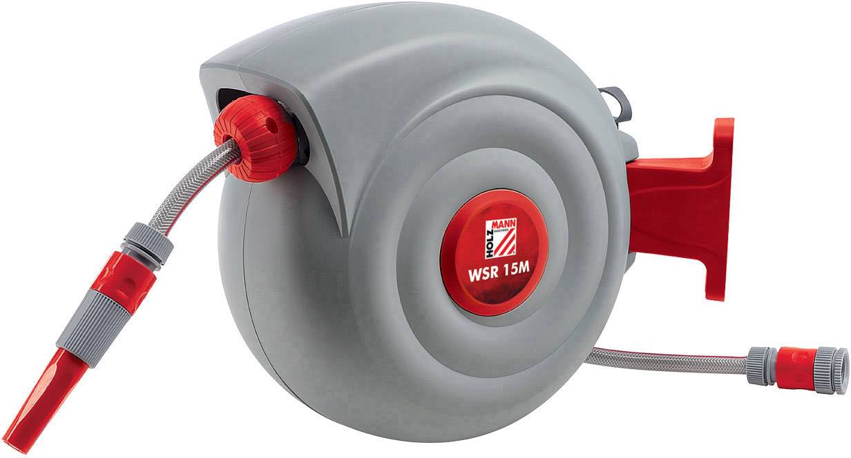 Dévidoir automatique gris-rouge avec tuyau d'arrosage de jardin de 15 mètres, support mural et buse de pulvérisation.