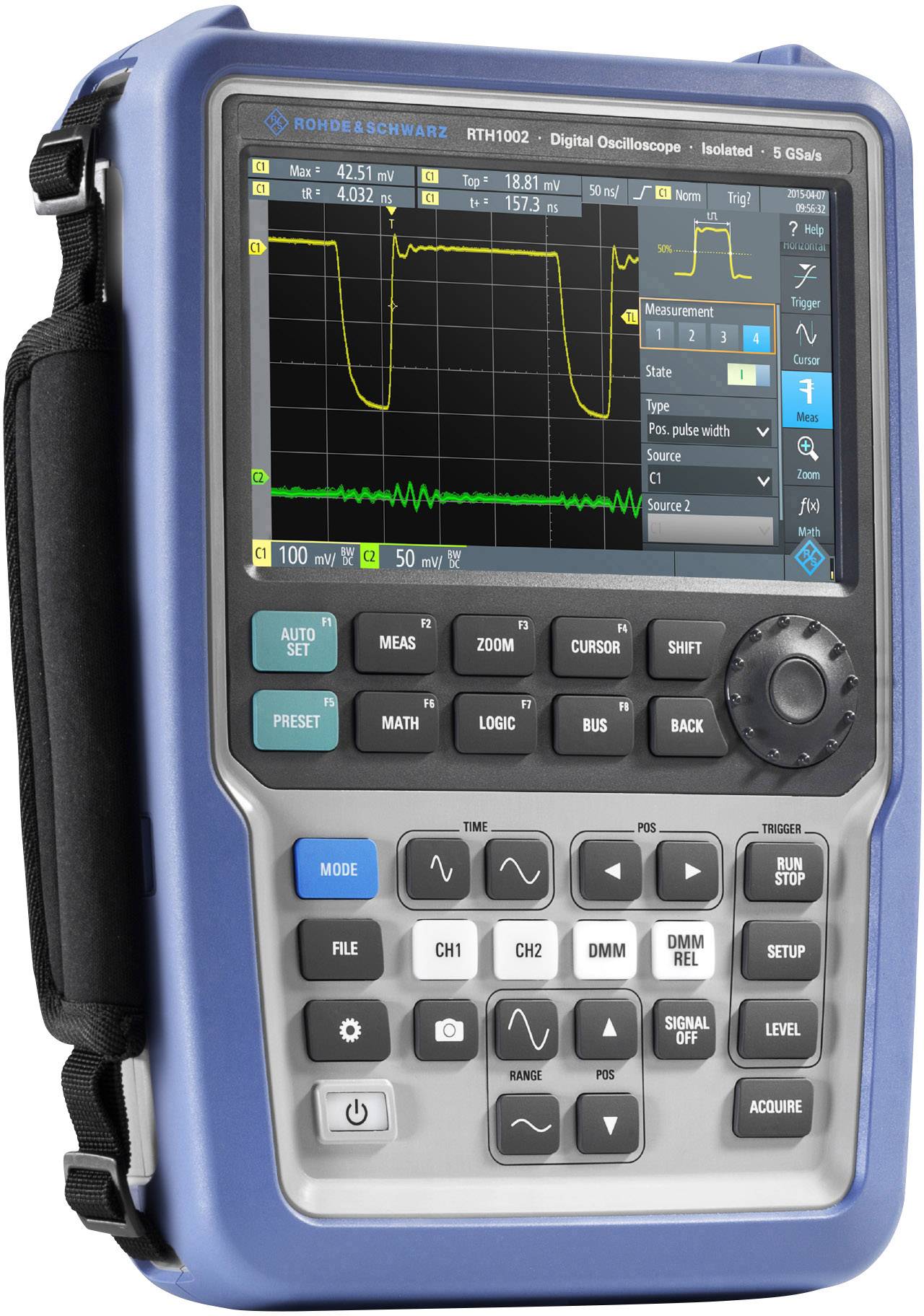 Oscilloscope portable avec affichage couleur montrant un signal numérique. Boutons et options de menu visibles pour le réglage et l'analyse.