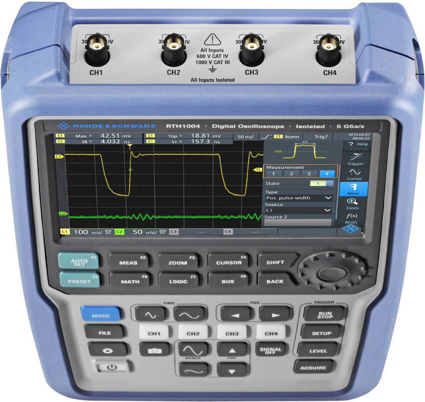 Oscilloscope numérique portable avec affichage de la forme d'onde de tension sur l'écran, deux canaux actifs et plusieurs touches de commande.