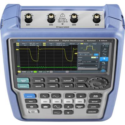Oscilloscope numérique portable avec affichage de la forme d'onde de tension sur l'écran, deux canaux actifs et plusieurs touches de commande.