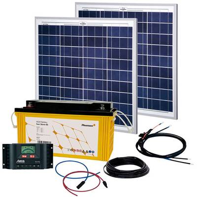 Kit solaire comprenant deux modules solaires, une batterie AGM, un régulateur de charge et le câblage. Adapté pour l'alimentation énergétique autonome.