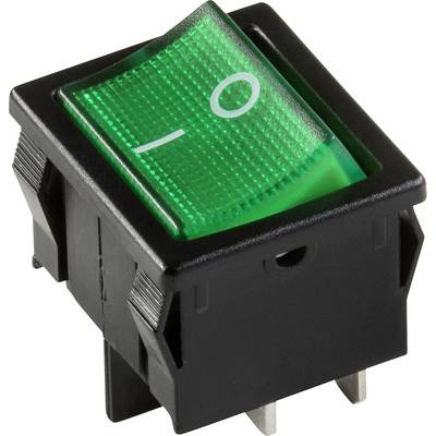 Un interrupteur à bascule vert avec les symboles 'I' pour Marche et 'O' pour Arrêt, intégré dans un boîtier en plastique noir.